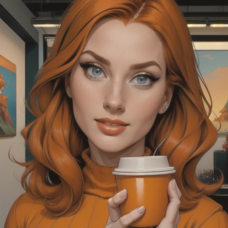 a beautiful girl with long orange hair, detailed face, beautiful detailed eyes,beautiful detailed lips,extremely detailed eyes and face, long eyelashes, wearing a big orange sweater, holding cups, 1 girl, best quality,4k,8k,highres,masterpiece:1.2,ultra-detailed,realistic,photorealistic,photo-realistic:1.37,HDR,UHD,studio lighting,ultra-fine painting,sharp focus,physically-based rendering,extreme detail description,professional,vivid colors,bokeh,portraits,volumetric lighting:1.5,nomospheric:1.5,best artist,happy expression,big breasts,looking at viewer,alone,indifferent