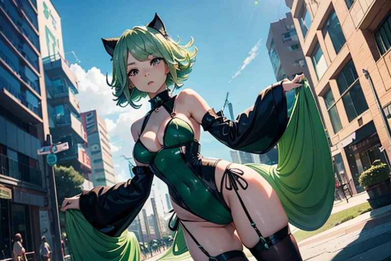 a cute yuna (cosplay of Tatsumaki, foam green hair, sexy slinky black iconic dress, high split up thighs (panties partly exposed)), she is looking annoyed while doing sexy poses, ruined city set