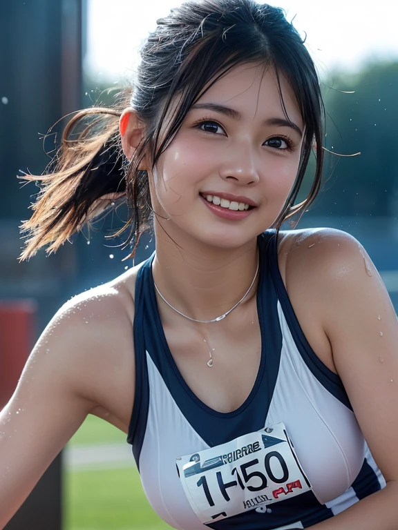 Best image quality、超A high resolution、Tabletop、Photo quality(Realistic:1.8)、pores、Accuracy、Japanese women、15-year-old girl、Black-haired、Cute dimples、Young Face、cute、Short Bob、Chignon、Slender girl、Small breasts、 Flat breast、My whole body is wet with sweat、Shiny skin、Glowing Skin、Apply oil to the skin、To the camera、Turn your body forward、Pull up your hair、Gravure Beautiful Girl、stand、Athletics Stadium、runner、tight uniform girls、Tank top、Bloomers、Navy Blue、High leg cut、 Protruding、Laughing with your mouth open、Ecstatic expression、White teeth、Happily、Look straight ahead、