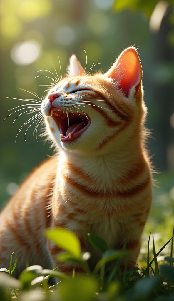 Side profile of a laughing cat in nature: A super-realistic side profile of a cat in a natural outdoor setting, laughing. The cat is mid-laugh, with its head slightly tilted back, eyes squinted, and mouth open. The fur is highly detailed, reflecting sunlight with a mix of vibrant and subtle tones. The background shows a blurred out-of-focus forest or garden, with soft, natural light filtering through leaves, casting dappled shadows on the cat. The overall image should look like a candid shot taken in the wild.