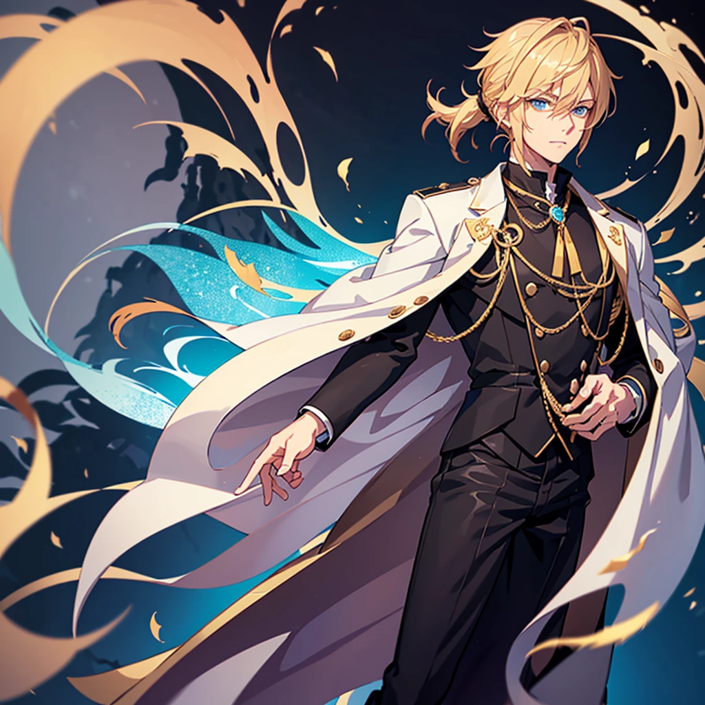 Anime attractive man, 20 year old, blonde hair, very very short ponytail, tall, muscular, solo, one person, light blue gold-accented, high-collared dress shirt, black choker, dark blazer with gold lining and buttons unbuttoned, long dark overcoat with a fur trim, rolled up sleeves, rolled up sleeves, rolled up sleeves, rolled up sleeves, no sleeves, forearms.