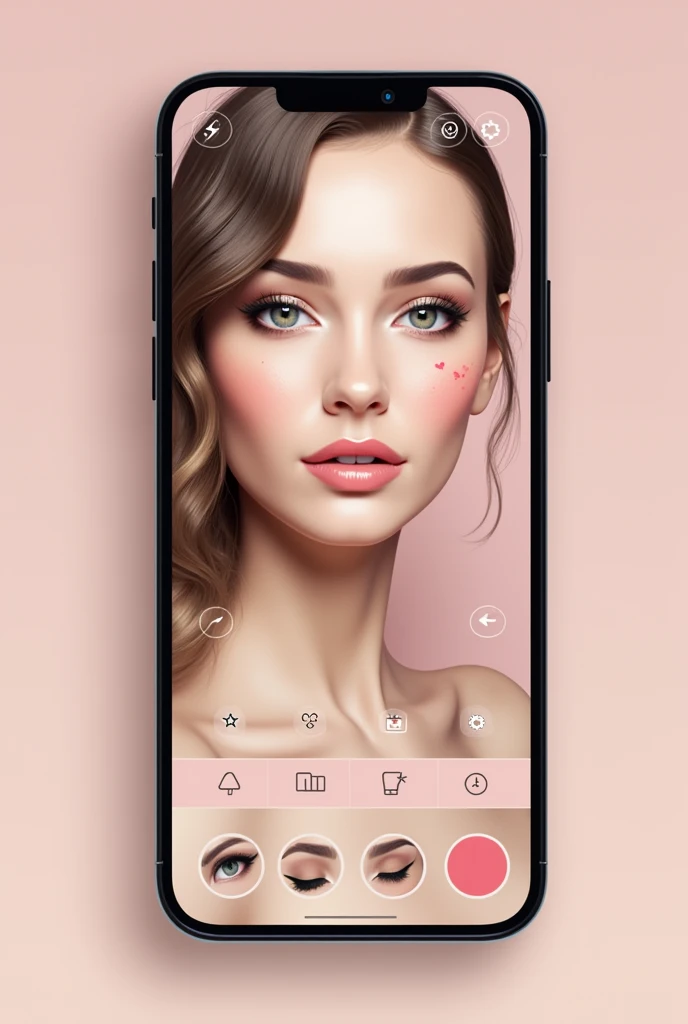 create the image of a beauty app, It has to do with makeup.It's like a virtual makeup tester .I want you to show guide images of how it would be used and its logo ,its interface