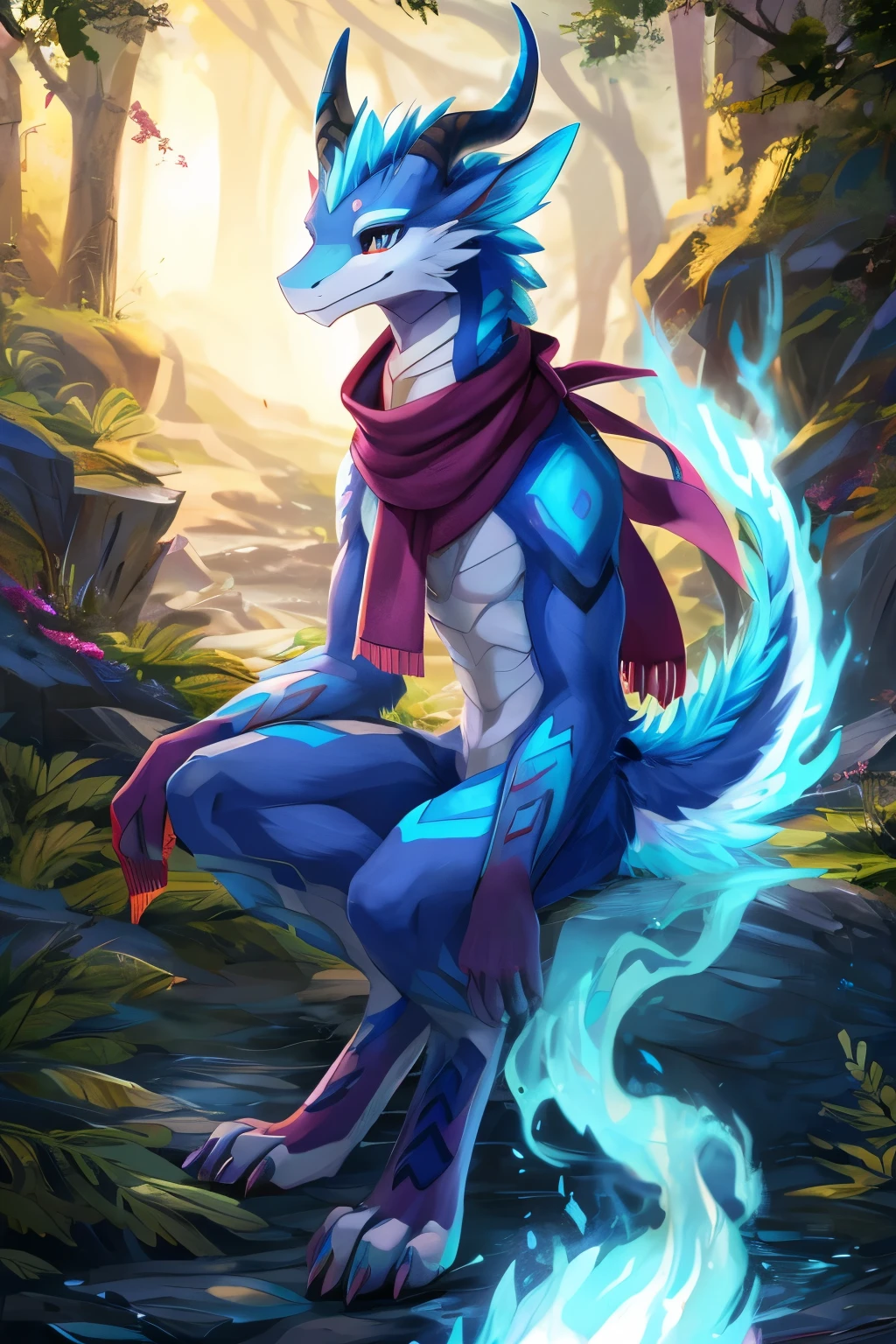 (anime), (front facing), (looking at the camera), slim furry white fire dragon, blue fire magic, secondary body colors, (blue, magenta and cyan undertones), long muzzle, neck and tail fur, digitigrade, creative horns, feathers, (wearing only a scarf), nature background, full body