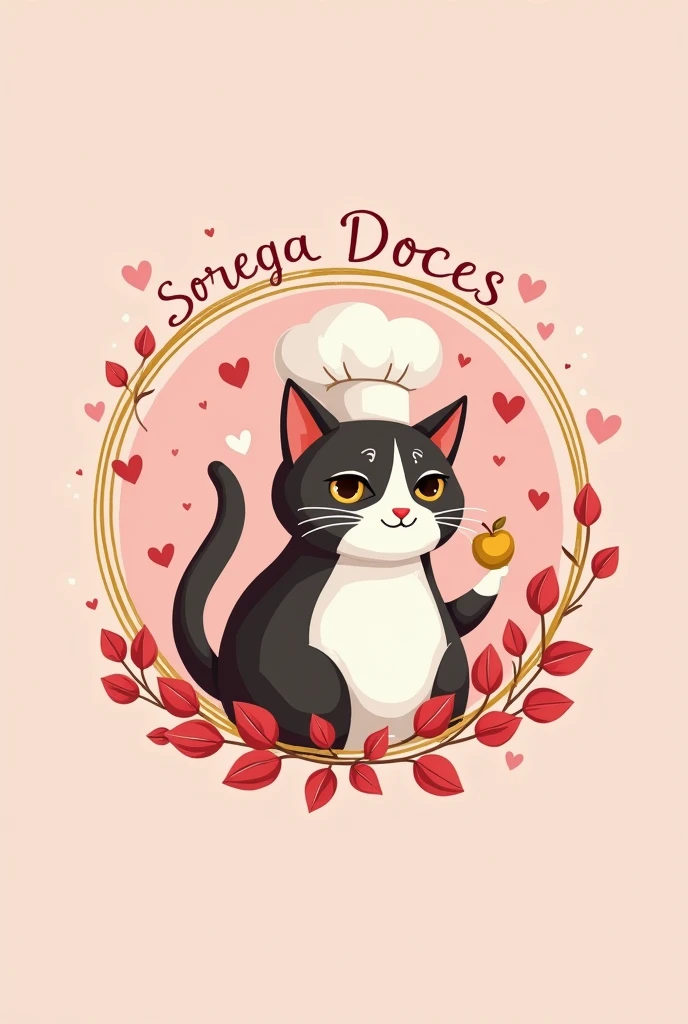 {
"prompt": "Design a logo for a company named 'Sorega Doces'. The background should be a soft baby pink, with details in red, white, and gold. Incorporate elements from the Lover, Creator, and Magician archetypes. Include a cat wearing a chef's hat, surrounded by hearts. Add a female mage or sorceress holding a golden apple. The entire design should be enclosed within a circular gold frame. The overall style should be whimsical yet elegant, blending magic and sweetness in the design.",
"size": "1024x1024"
}