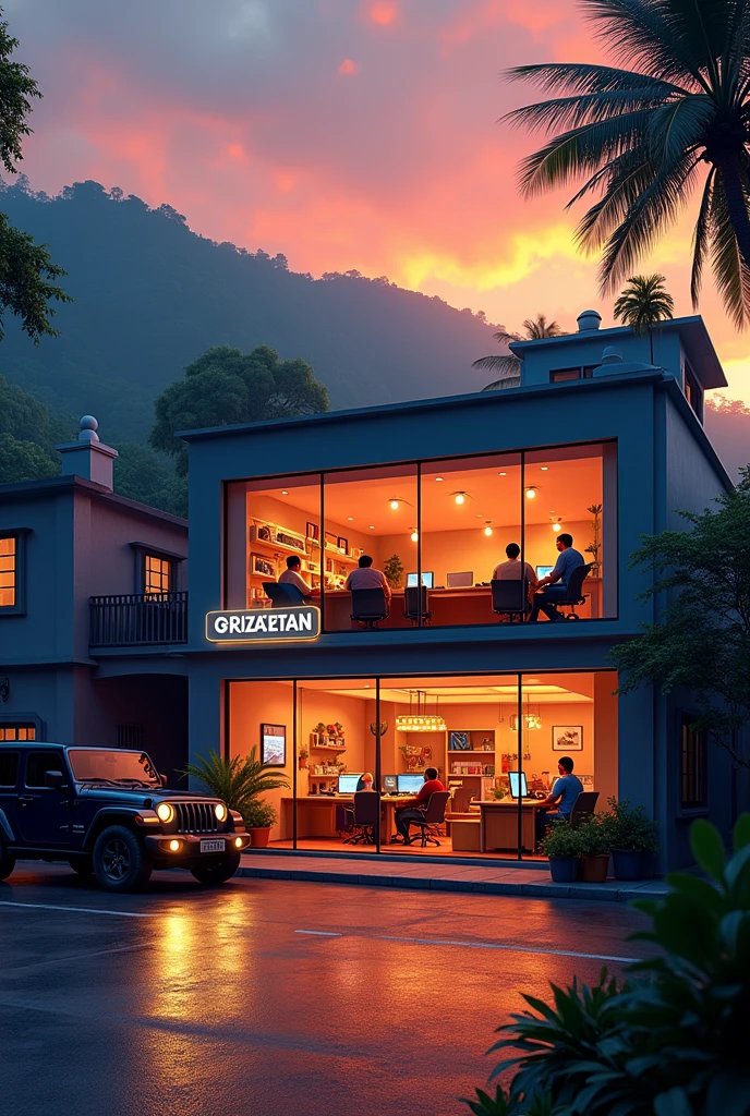 Graphic design studio in front,Indian city,evening orange sky,greenish hill background,Jeep parking outside,wetroad