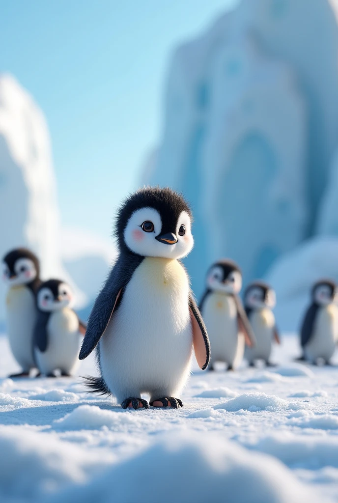 a small penguins, cute penguins, waddling penguins, penguins standing on ice, penguins in snowy landscape, penguins with detailed feathers, penguins with big eyes, penguins with adorable expression, detailed penguins, photorealistic penguins, high quality penguins, 8k, hyperrealistic penguins, lifelike penguins, realistic penguins, cinematic lighting, dramatic lighting, studio lighting, beautiful colors, vibrant colors, colorful penguin