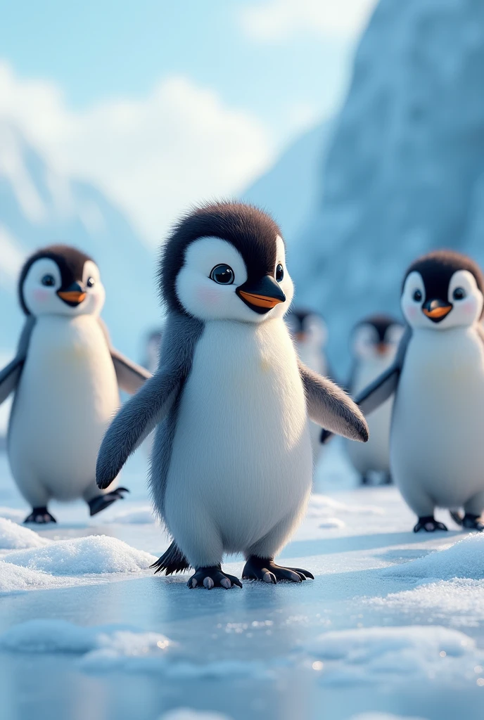 a small penguins, cute penguins, waddling penguins, penguins standing on ice, penguins in snowy landscape, penguins with detailed feathers, penguins with big eyes, penguins with adorable expression, detailed penguins, photorealistic penguins, high quality penguins, 8k, hyperrealistic penguins, lifelike penguins, realistic penguins, cinematic lighting, dramatic lighting, studio lighting, beautiful colors, vibrant colors, colorful penguin
