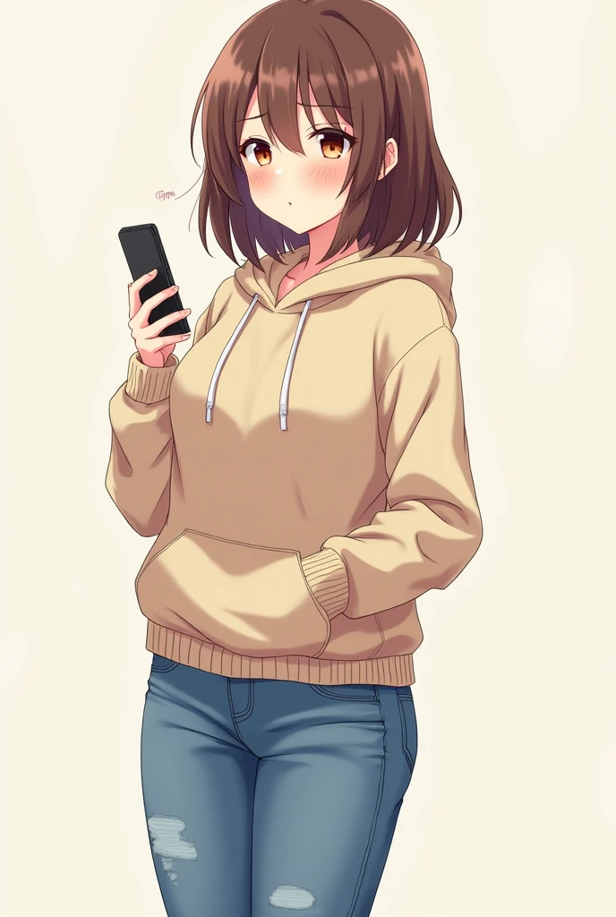 (anime:1.2), Pretty girl standing full body with medium long brown hair and honey colored eyes from head to toe without bangs and with jeans and a hoodie along with her phone FULL BODY