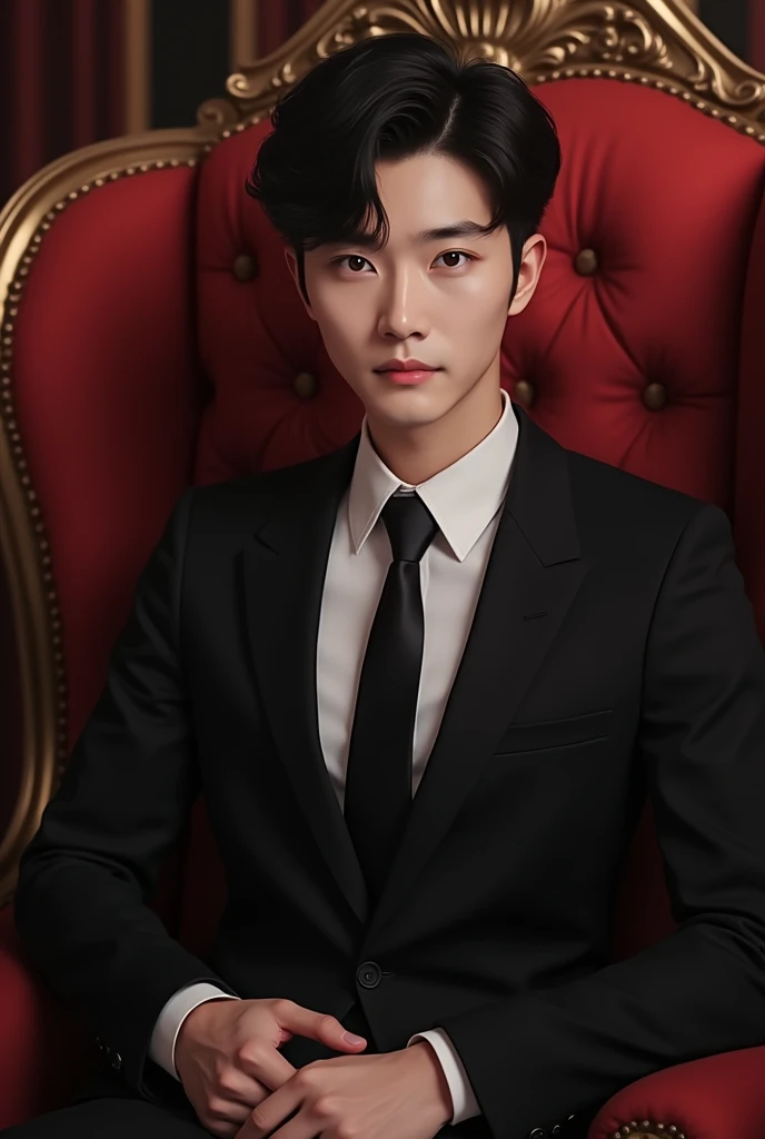 Handsome 25 yearsold semi animated korean man sitting in the red royal chair wearing black suit. Portrait picture.