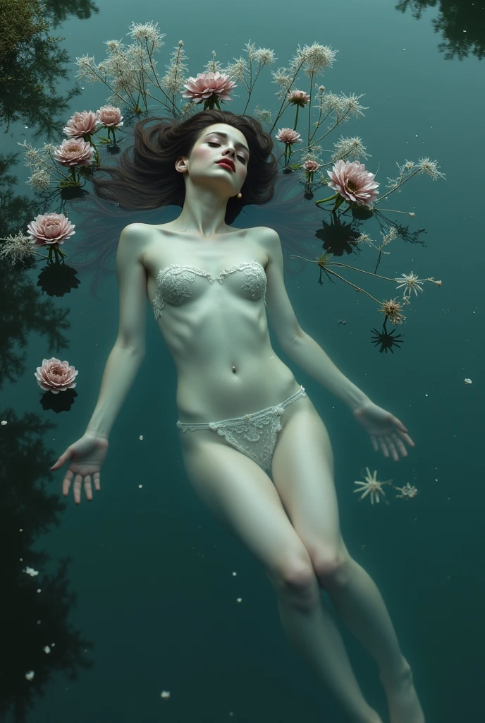 There is a woman floating in a body of water with flowers., floating drowned, inspired by Brooke Shaden, submerged in water, drowned, floating in water, ophelia, floating underwater, submerged in waste, floating underwater in a lake, water nymph, beautiful with creepy vibes, with frozen flowers around her, Dramatic submerged, beautiful and creepy