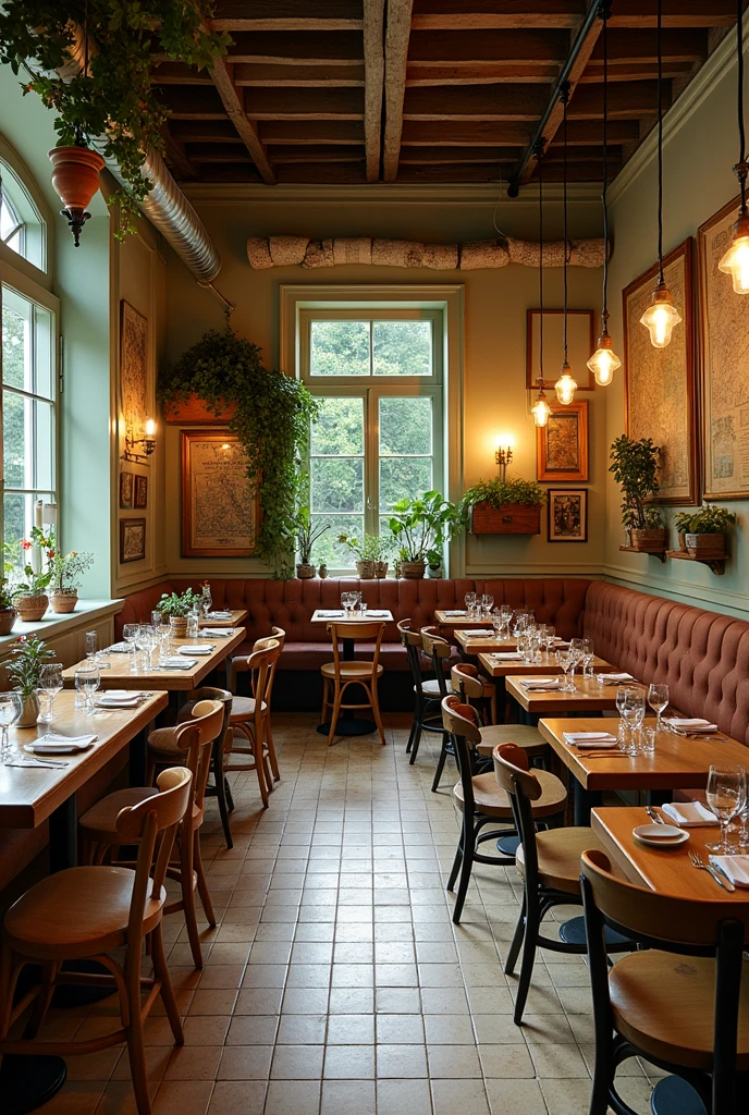 Mood board of a contemporary flea market restaurant, elegant, with the focus on traveling without traveling with nude and green colors