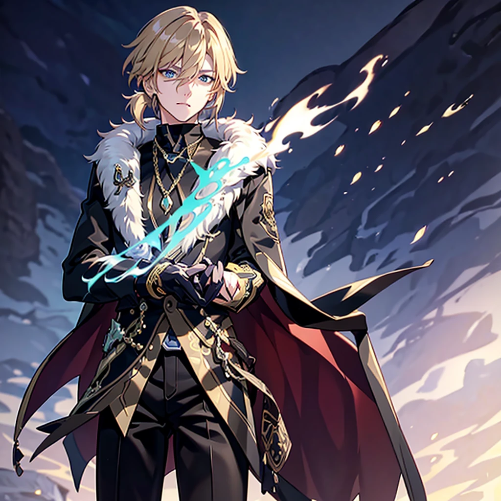 Anime attractive man, 20 year old, blonde hair, very very short ponytail, tall, muscular, solo, one person, light blue gold-accented, high-collared dress shirt, black choker, dark blazer with gold lining and buttons unbuttoned, long dark overcoat with a fur trim, rolled up sleeves, rolled up sleeves, rolled up sleeves, rolled up sleeves.