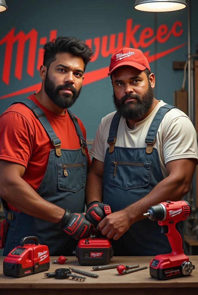 Imagine photoralism A 2 electrician,Dark white with short black beard, and short straight hair forward brown color, Dark colored slightly slanted eyes, lips a little big ,chubby,  with Milwaukee tools around and the word PizarroElectric very pronounced in the background