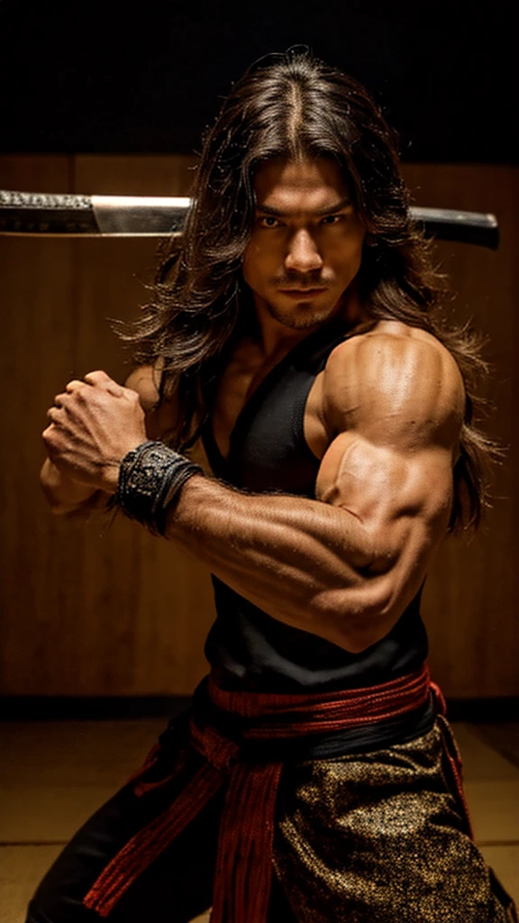 Fighting with two swords, Samurai, Stretch your arms, Realist:1.3,( fPhoto, Realist, 8k, RAW Photos, Premium Quality, masterpiece, Great lighting, Centered Images), (Dynamic Movement, Dynamic fighting,), (2 katana), whole body, (Disheveled brown long hair), (Handsome Japanese young man, 1, have confidence、Trained muscles., Wildman and his body with perfect details), cyber punk, Warrior, Tokyo, Shibuya Ward,