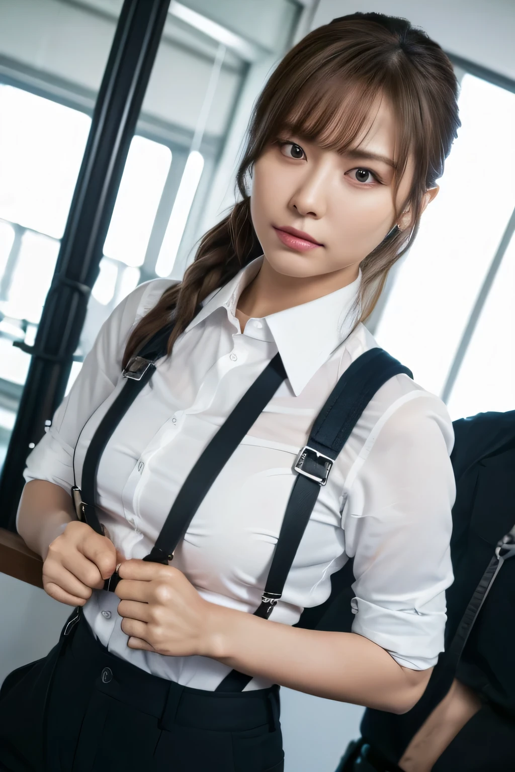 The woman has her hands tied、put your hands behind your backa woman in a suit, belt, hands behind back, sweating, suspenders, black pants, sexly, large breasts, see-through clothing,, detective, office worker, white button-up shirt, (best quality,4K,8k,highres,masterpiece:1.2),ultra-detailed,(realistic,photorealistic,photo-realistic:1.37),hyper-detailed,highly detailed face and body, Slender　thin　suspenders　Moderate breasts　See-through shirt　Nipples　holster　chain　Pistol　Armament　criminal　Female criminal　knife　japanese　profile　Japanese women　arrested handcuff　Cable tie on thumb　Restraint Fingercuffs
