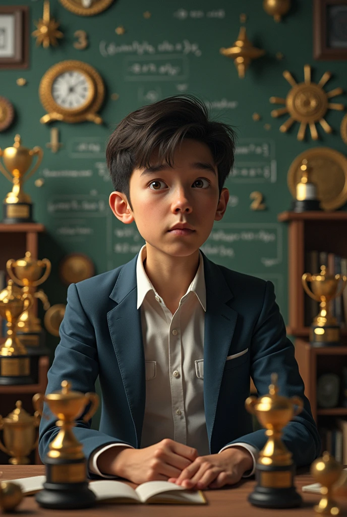 indifferent student surrounded with trophies about math