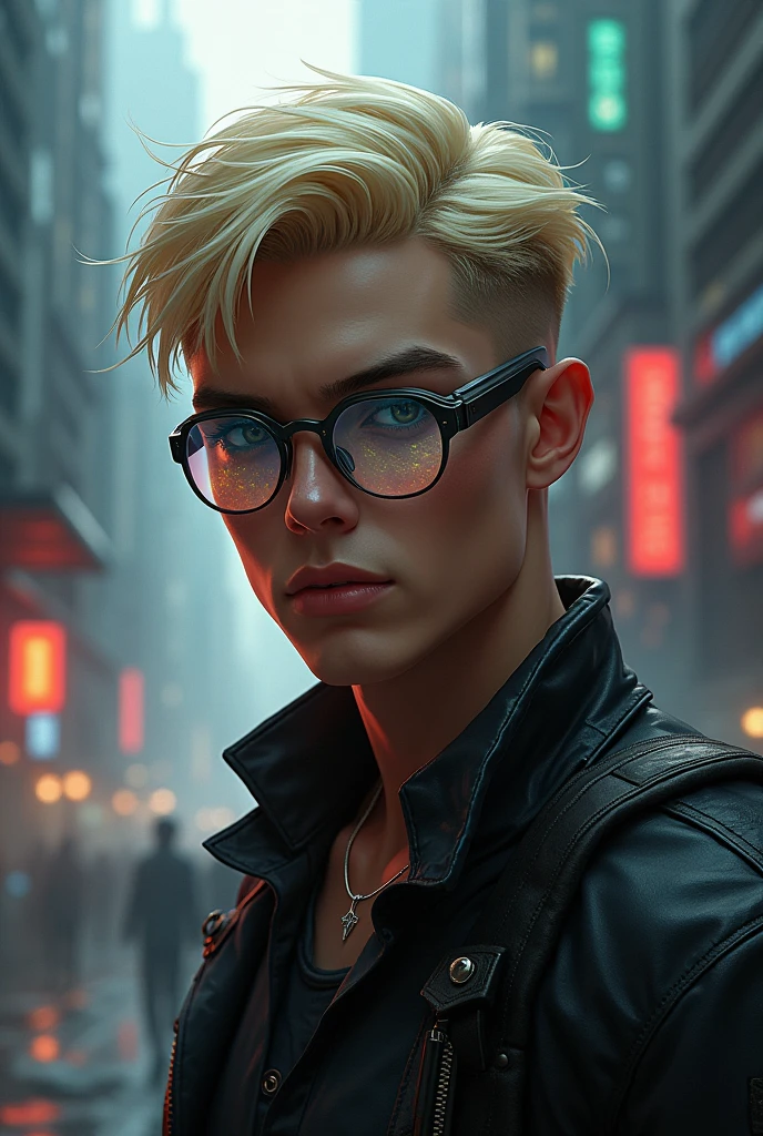 a blond cyberpunk man wearing single lens glasses. realistic 2d style