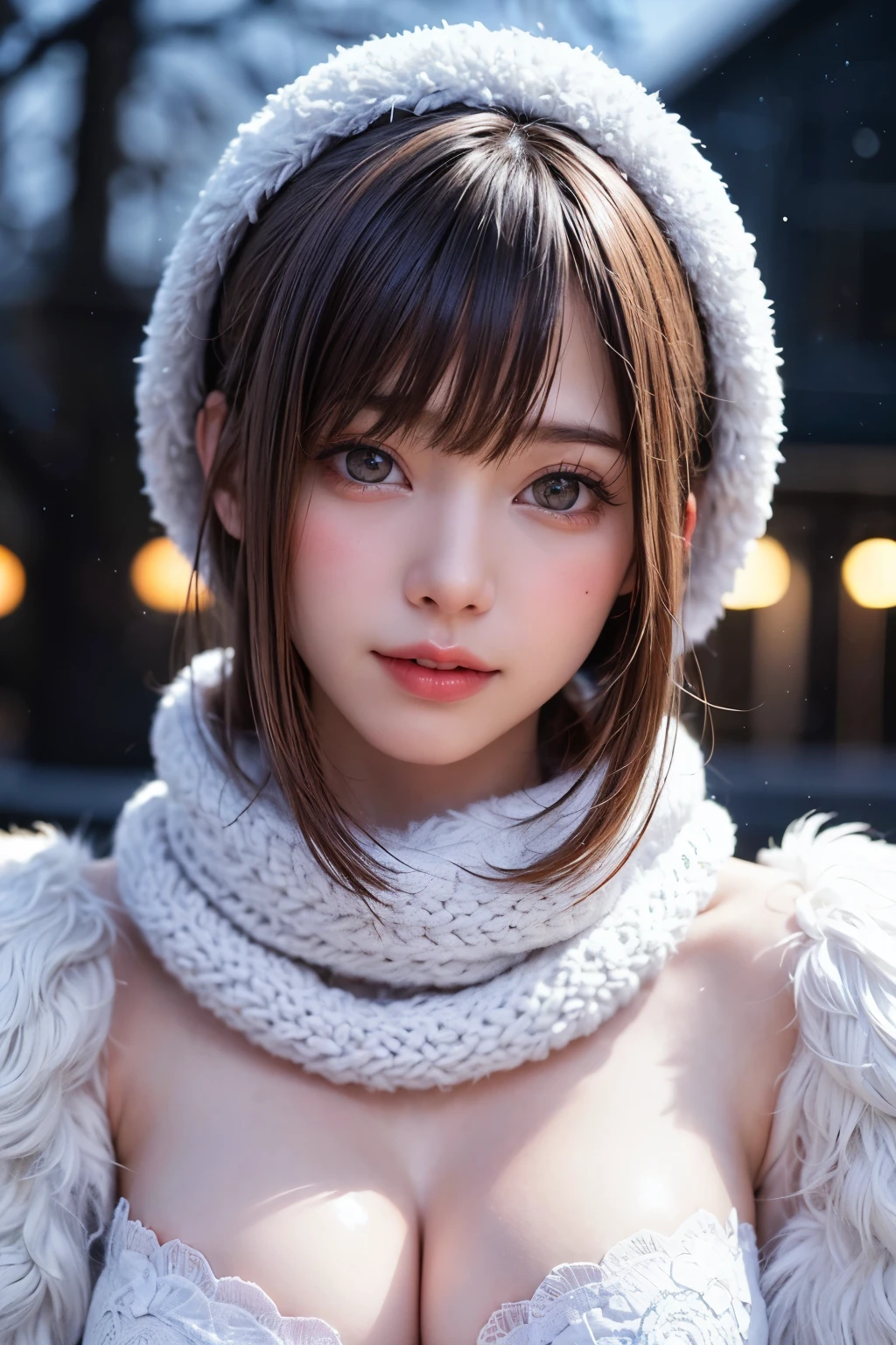 (masterpiece, Highest quality),One Girl, alone, Black-haired, scarf, Have, Realistic, Realistic, Looking at the audience, Light-coloured black eyes, Short brunette bob, Brown coat, Winter clothes, White headscarf, lips, prohibit, Plein Air, Mouth closed, Upper Body、Big eyes、eyelash、((Beautiful night scenery with sparkling snow falling、Large snowflake motif、A beautiful, empty, snowy night scene、Snow Scene))、(((Short bob hair with bangs、Shiny Hair、Big eyes、large full chest、Highlights the eyes、Gazing at the audience、Beautiful beauty、Listen carefully、Long neck、Laugh a little、Please close your mouth and laugh、Ideal body type)))、{Huge|big|Hugeな|Mega} chest:2, chestの谷間:2、