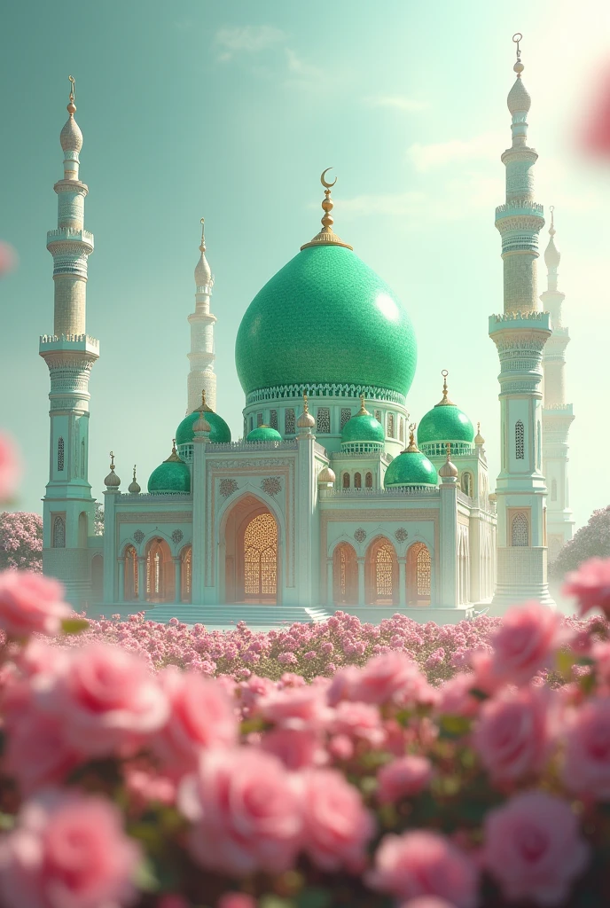 Creat a megical cgi 3d hyper realistic super cute transparent cristal glass madina mosque with green dom in pink flower on roses field with mist cloud