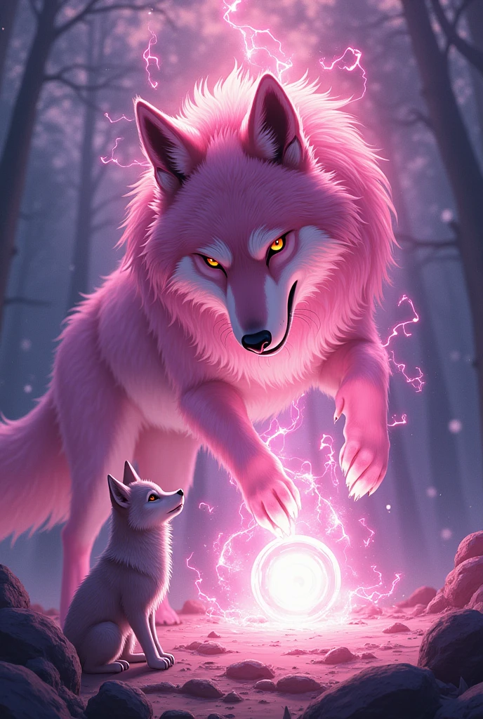 A beautiful sight of a core of power with a pink furry wolf reaching for the core in curiosity. Anime style.