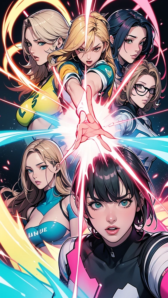 A brave and daring image of the six-woman Ranger team, Each is decorated with the following vibrant colors:: neon pink, Sky blue, Fire engine red, plasma violet, Fluorescent Green, shocking yellow. A dynamic pose with a background that oozes energy and courage.。, Embodying the essence of the classic Sentai superhero team. Each Ranger's outfit is sleek and modern, Each color has elements that reflect its theme., Ready for action. ((camel toe))