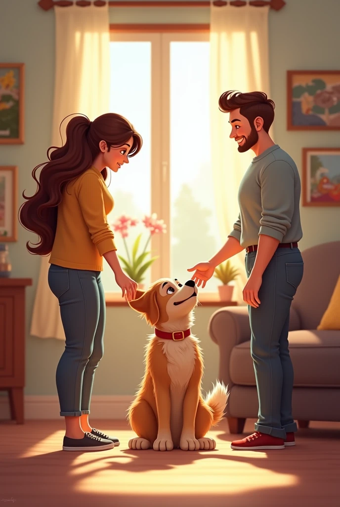 You can create an image of a dog that has just been adopted and is in its new home while its owner introduces it to her two friends. ( One of the friends is caressing him while the other is watching him ( There must be three people in the image
