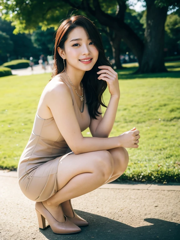 (RAW Photos:1.2), (Realistic:1.4),Beautiful detailed woman,非常にfine grainと顔, fine grain, Very detailed,High resolution, Very detailed,Highest quality,Raise your consciousness,Unified,8k wallpaper,masterpiece,Highest quality,1 female,alone,rich,Whole Body Ezbian,(A little chubby:0.9),Toned figure,,Tight waist,Crouching,(Beige one-piece suit,mini skirt,High heels),Jewelry Necklace Medium Long Hair,A kind smile,A dignified atmosphere,black eye,Realistic,Central Park , (Morning Park:1.1)
