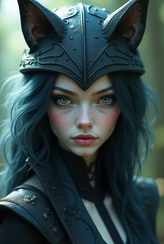 A character with Skin: Your skin may have a pale tone, which reflects its origin in the subterranean region of Hades and the contrast with the Land of Eirene.eyeballs: Your eyes may be an intense and striking color, perhaps a deep shade of blue or green, emphasizing their special status and their connection with the supernatural.hairs: Nyssa may have long dark hair, which may have a subtle sheen or an unusual color, like a silvery or deep blue tone.facial features: Your features can be delicate and angular, reflecting her royal heritage and the inner strength she has developed over the years. And wears a hat with cat ears