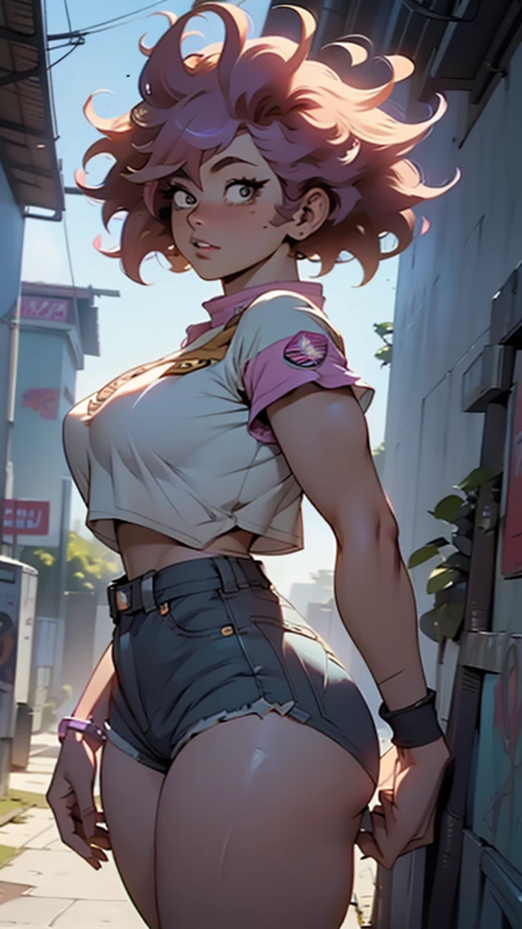 ((Masterpiece:1.5, best quality)), ((Mina Ashido from My Hero Academia)), beautiful face, (voluptuous), large_breast, ample hips, flaunting her incredibly detailed accentuated big booty, wearing cropped t-shirt and daisy dukes, thick_thighs, breathtaking detail, RAW photo color, cinematic lighting, 8k uhd, dslr, 