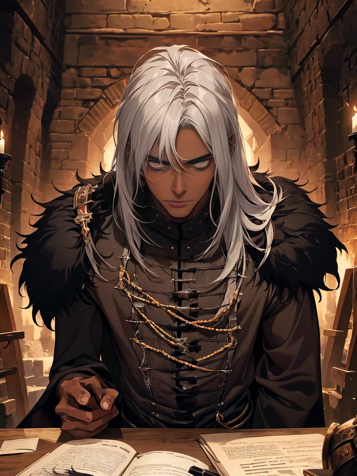 many young and thin men, brown skin, Slavery, This man is a slave, black fur, in a prison, detailed eyes, detailed face, detailed nose, handsome man, High resolution, Dungeon, Dark, medieval times, frustrated, torn clothes, In the bedroom, talking, dark night
