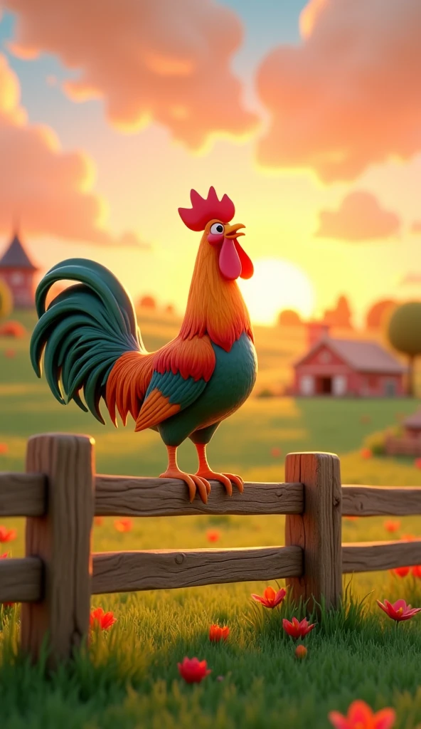 Draw a rooster with orange, green and blue plumage on a very pretty farm at dawn. The rooster must be crowing on a wooden fence, with its colorful feathers standing out in the design. The farm should be picturesque and detailed, with green fields and a sunrise sky with soft shades of orange and pink, in 3D animated style
