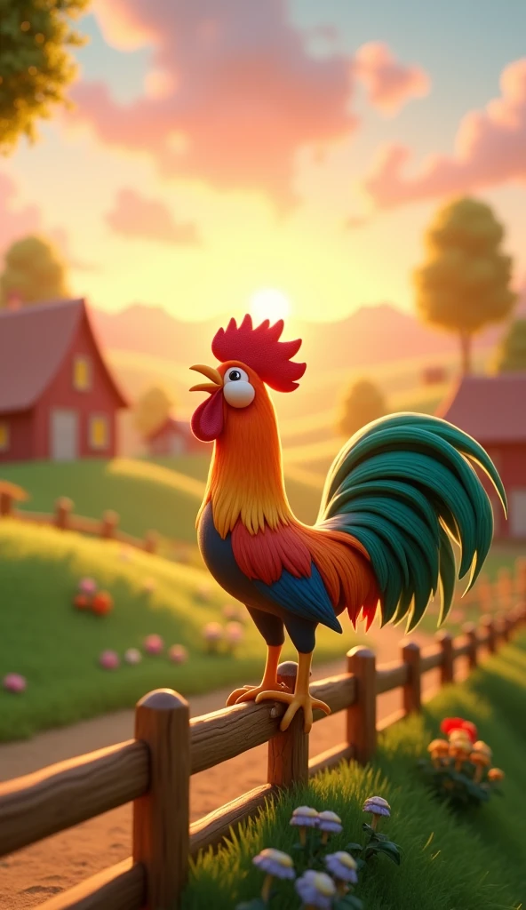 Draw a rooster with orange, green and blue plumage on a very pretty farm at dawn.  The rooster must be crowing on a wooden fence, with its colorful feathers standing out in the design. The farm should be picturesque and detailed, with green fields and a sunrise sky with soft shades of orange and pink, in 3D animated style