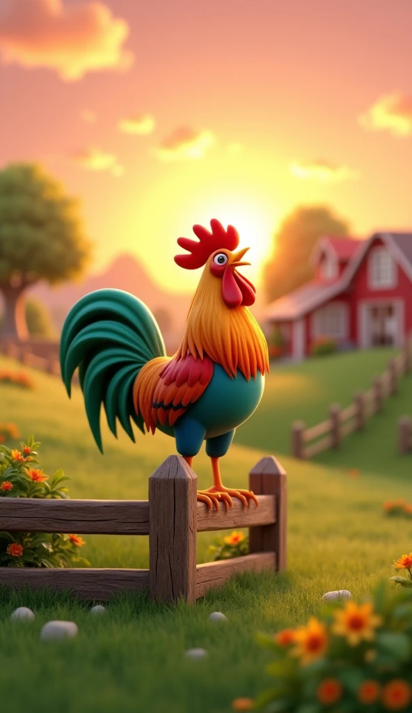 Draw a rooster with orange, green and blue plumage on a very pretty farm at dawn. The rooster must be crowing on a wooden fence, with its colorful feathers standing out in the design. The farm should be picturesque and detailed, with green fields and a sunrise sky with soft shades of orange and pink, in 3D animated style