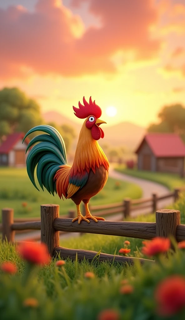 Draw a rooster with orange, green and blue plumage on a very pretty farm at dawn.  The rooster must be crowing on a wooden fence, with its colorful feathers standing out in the design. The farm should be picturesque and detailed, with green fields and a sunrise sky with soft shades of orange and pink, in 3D animated style