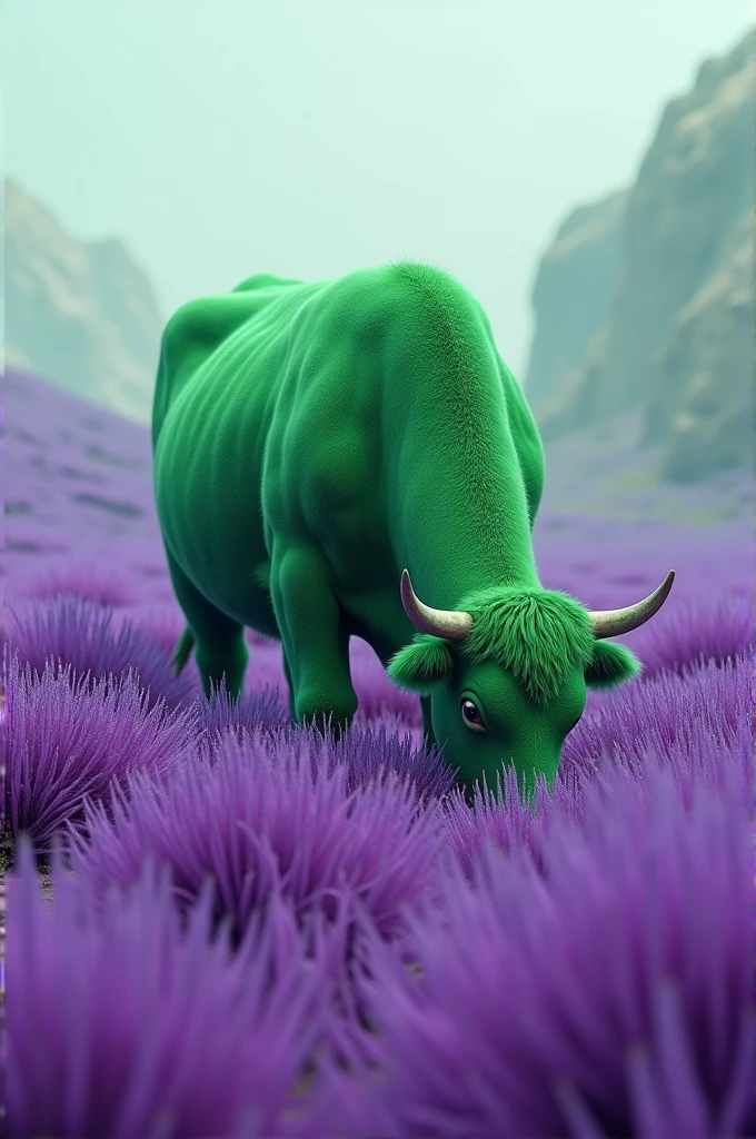 Green cow eating purple grass