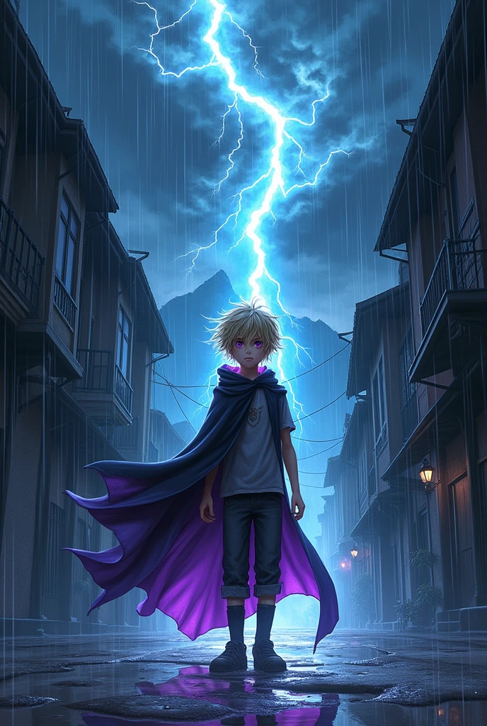a drawing! Imagine a narrow street, with old houses and roofs soaked by the storm. The rain falls heavily, creating puddles of water that reflect lightning in the dark sky. In the center of the scene, there is the blond boy, with messy hair and brown eyes that turn into a deep purple. He wears a black and purple cape that flaps in the wind., looking almost alive.


His powers manifest around him as waves of purple and black energy., dancing in the air and illuminating the scene in a mystical way. The expression on his face is one of determination, as if he was ready to face the storm or even control it. The heavy clouds above seem to stir in response to your