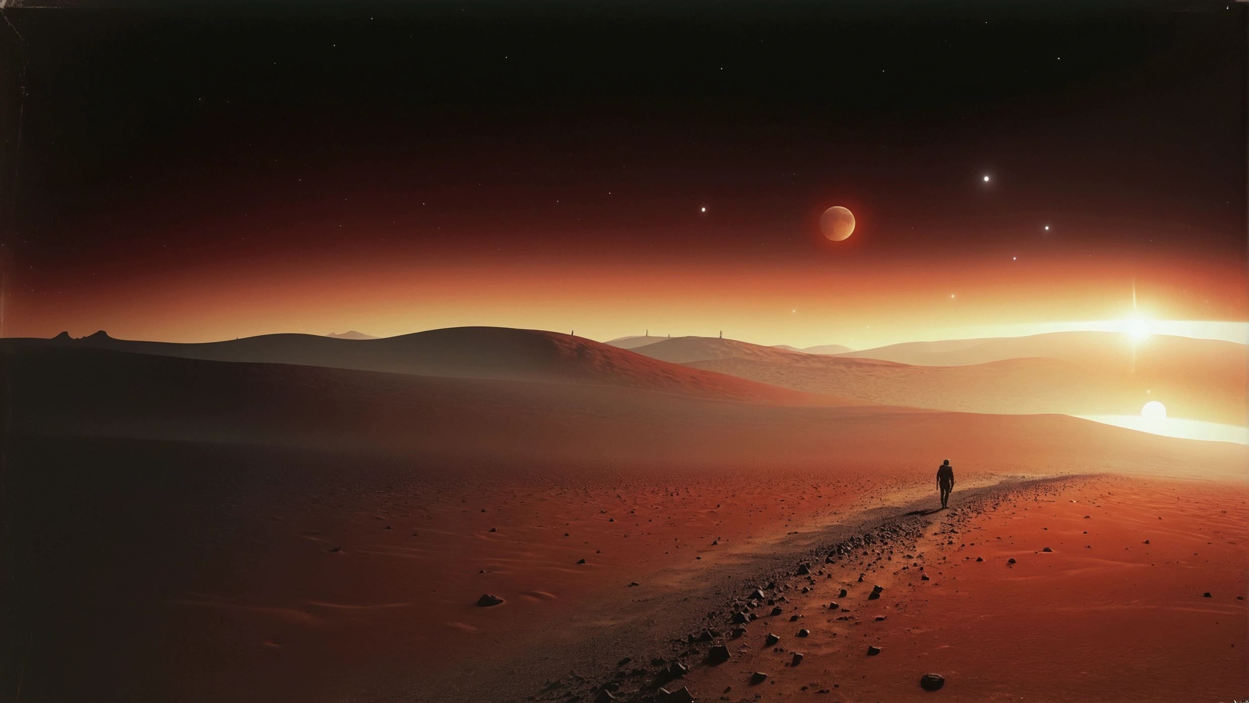 there is a lone person walking on a desert area with a large moon in the distance, eclipse of aurora on mars, mars landscape, sunset on mars, suns set on a desert planet, desert alien planet, planetary landscape, ocean on alien planet titan, sunset on distant machine planet, mars setting, planet mars in the background, deserted planet, on a remote desert planet