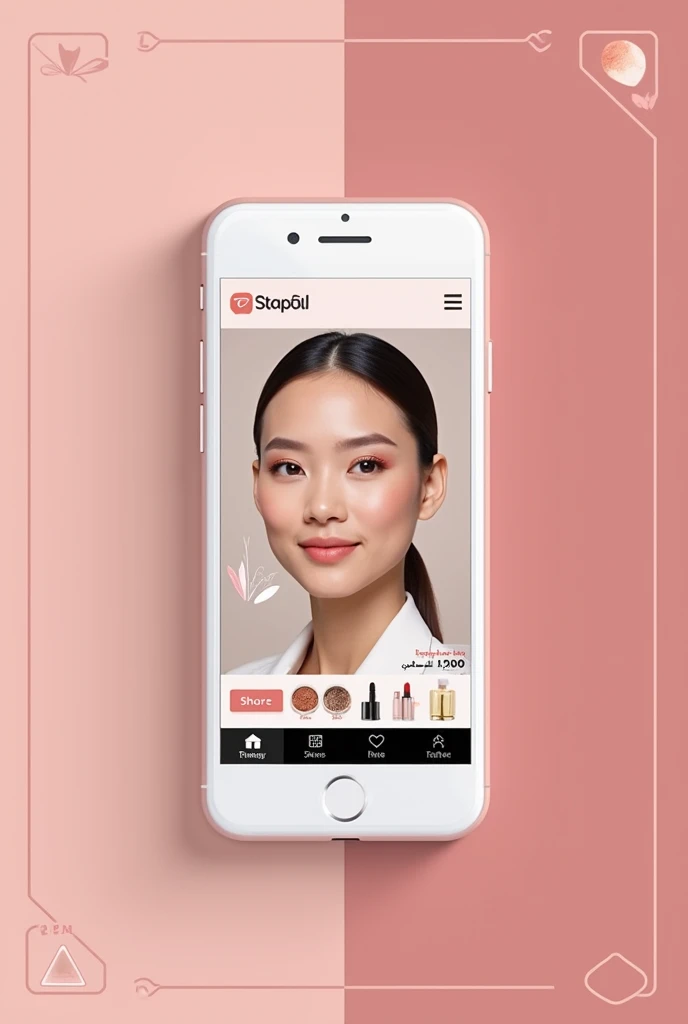 create the image of a beauty app, It has to do with makeup.It's like a virtual makeup tester .I want you to show guide images of how it would be used and its logo ,its interface. with more guide and arrows