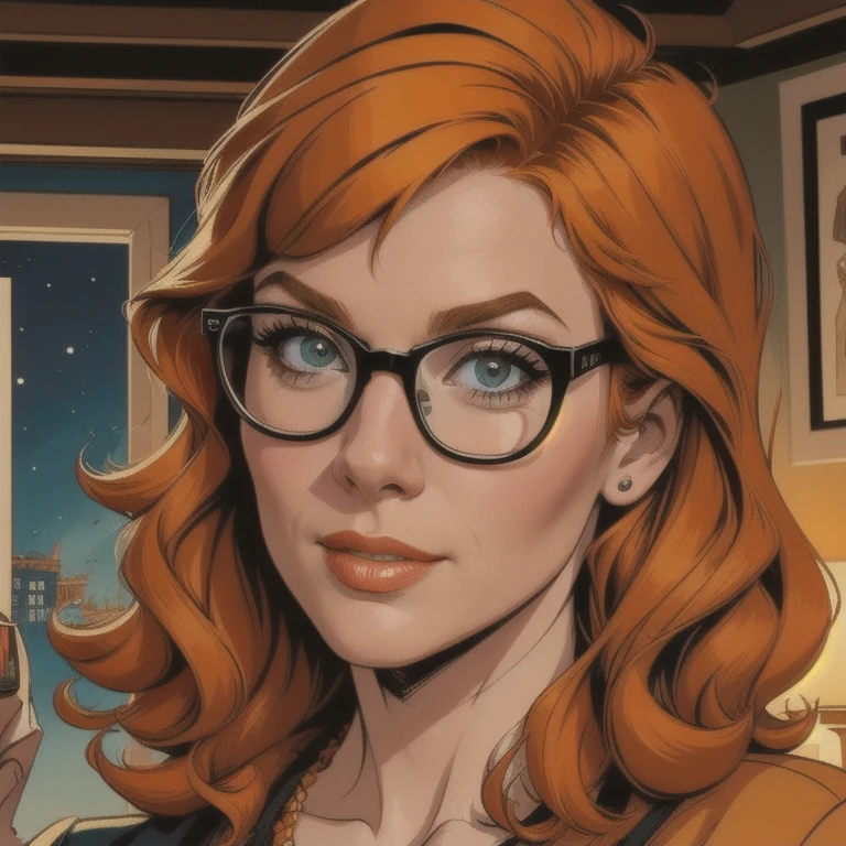 a young woman with orange hair wearing glasses, scooby doo character, adorable, cute, innocent expression, 1girl, detailed face, high quality, 4k, 8k, hyperdetailed, photorealistic, realistic lighting, warm color palette, soft lighting, cozy, comfortable, detailed background, beautiful scenery, detailed environment