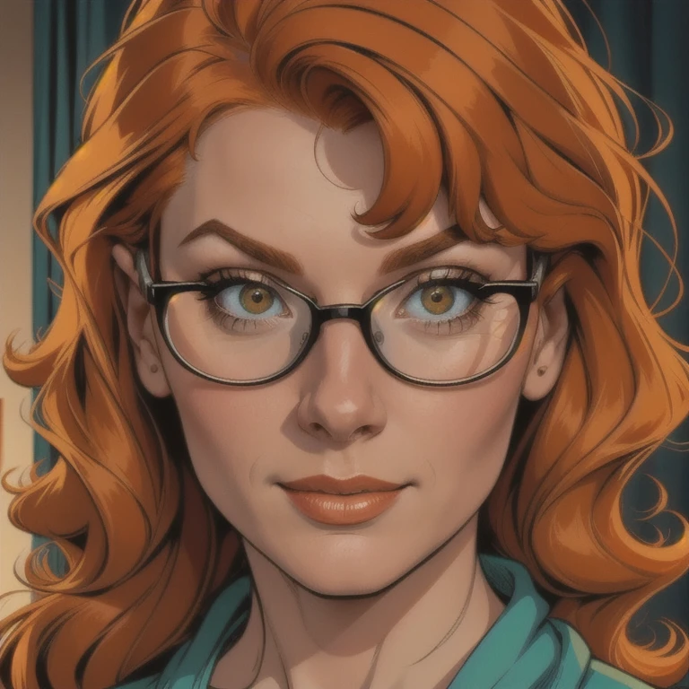 a young woman with orange hair wearing glasses, scooby doo character, adorable, cute, innocent expression, 1girl, detailed face, high quality, 4k, 8k, hyperdetailed, photorealistic, realistic lighting, warm color palette, soft lighting, cozy, comfortable, detailed background, beautiful scenery, detailed environment