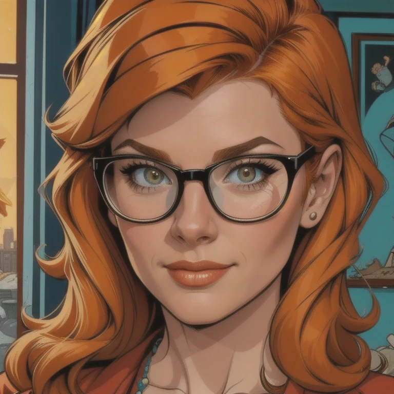 a young woman with orange hair wearing glasses, scooby doo character, adorable, cute, innocent expression, 1girl, detailed face, high quality, 4k, 8k, hyperdetailed, photorealistic, realistic lighting, warm color palette, soft lighting, cozy, comfortable, detailed background, beautiful scenery, detailed environment