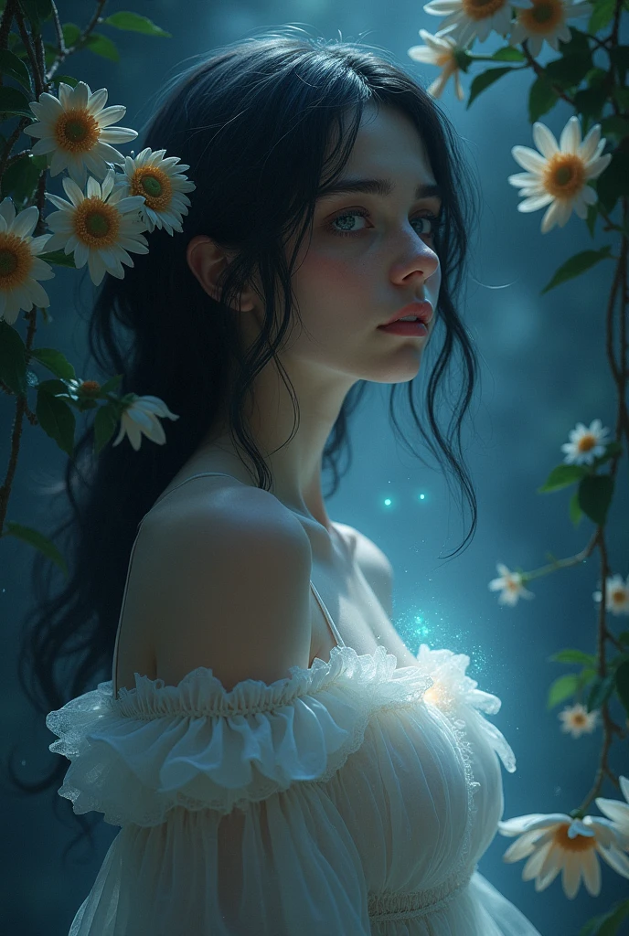 Nicole appearing to Lucas, with a magical aura and sad flowers around