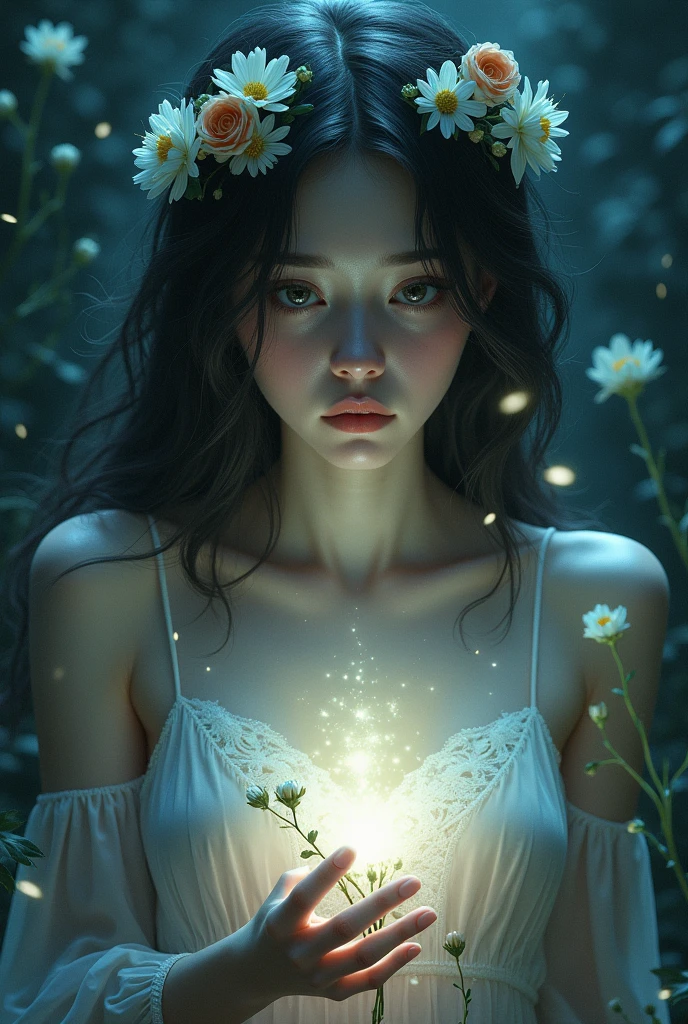 (extremely detailed CG unity 8k wallpaper,masterpiece, best quality, ultra-detailed),(best illumination, best shadow, an extremely delicate and beautiful),floating,(1girl), cor de pele flowers,(flickering