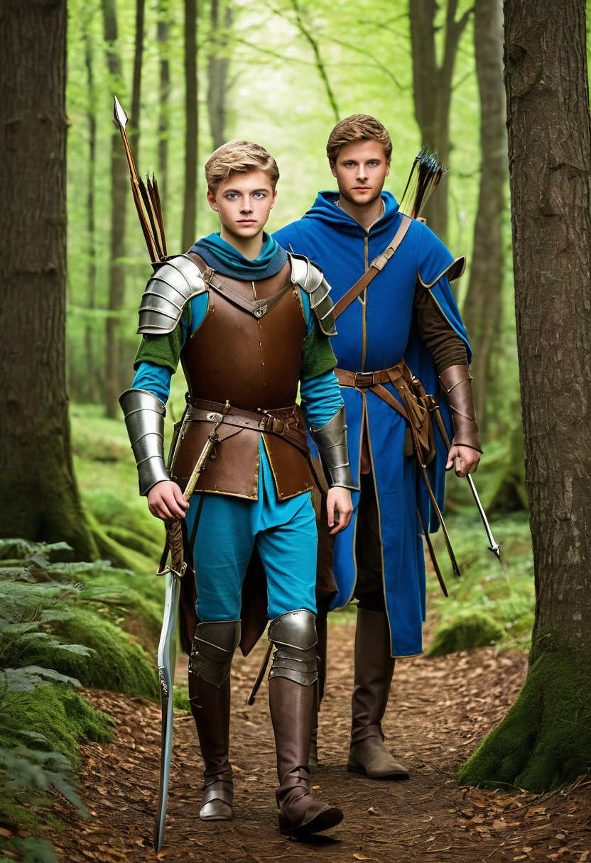 Create the image of a 20-year-old medieval prince with blue-eyed armor and a young full body, and next to him with Robin Hood walking through the forest