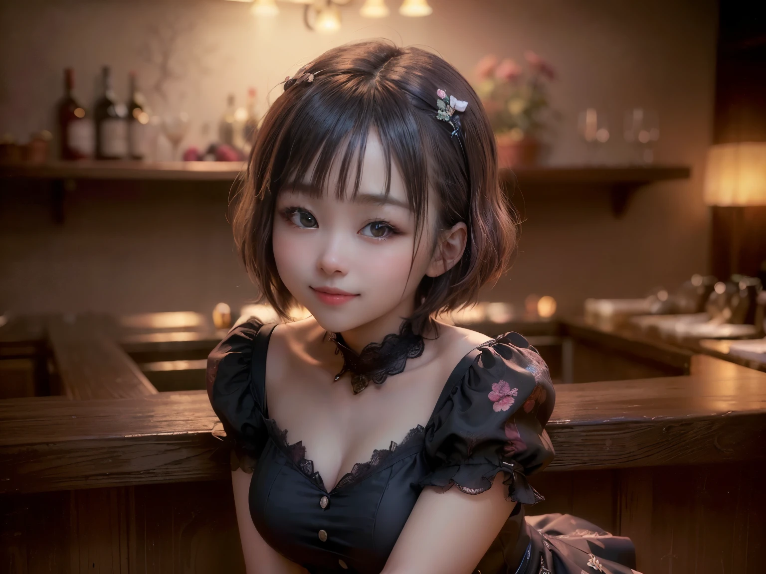 (Highest quality, masterpiece, Ultra-high resolution, 8k, RAW Photos, Realistic, Anatomically correct:1.5), 20-year-old girl:1.2, Embarrassing, avert your eyes, blush:1.0, View Viewer, ((bar)) 、Large windows、Night view、 Light:1.2, Bokeh, Cinema Lighting:1.0, Depth of written boundary, sharp、 Cute Face、Idol、(Black short sleeve lace top)、(Black tulle skirt)、(Black clothing)、(Floral clothes)、”dwarf”、(Full Body Shot)、(Side angle)、Cowboy Shot、( smile)、((Ultra short hair、Berry Short))、(Straight bangs)、((See-through))、(( One woman))、look back、I can see your belly button、