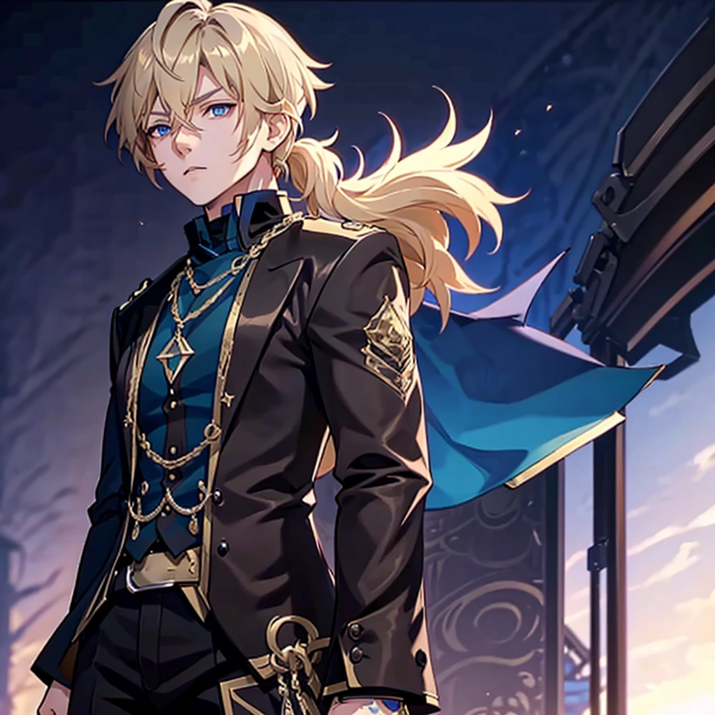 Anime attractive man, 20 year old, blonde hair, very very short ponytail, tall, muscular, solo, one person, light blue gold-accented, high-collared dress shirt, black choker, dark blazer with gold lining and buttons unbuttoned, long dark overcoat with a fur trim, rolled up sleeves, rolled up sleeves, rolled up sleeves, rolled up sleeves.