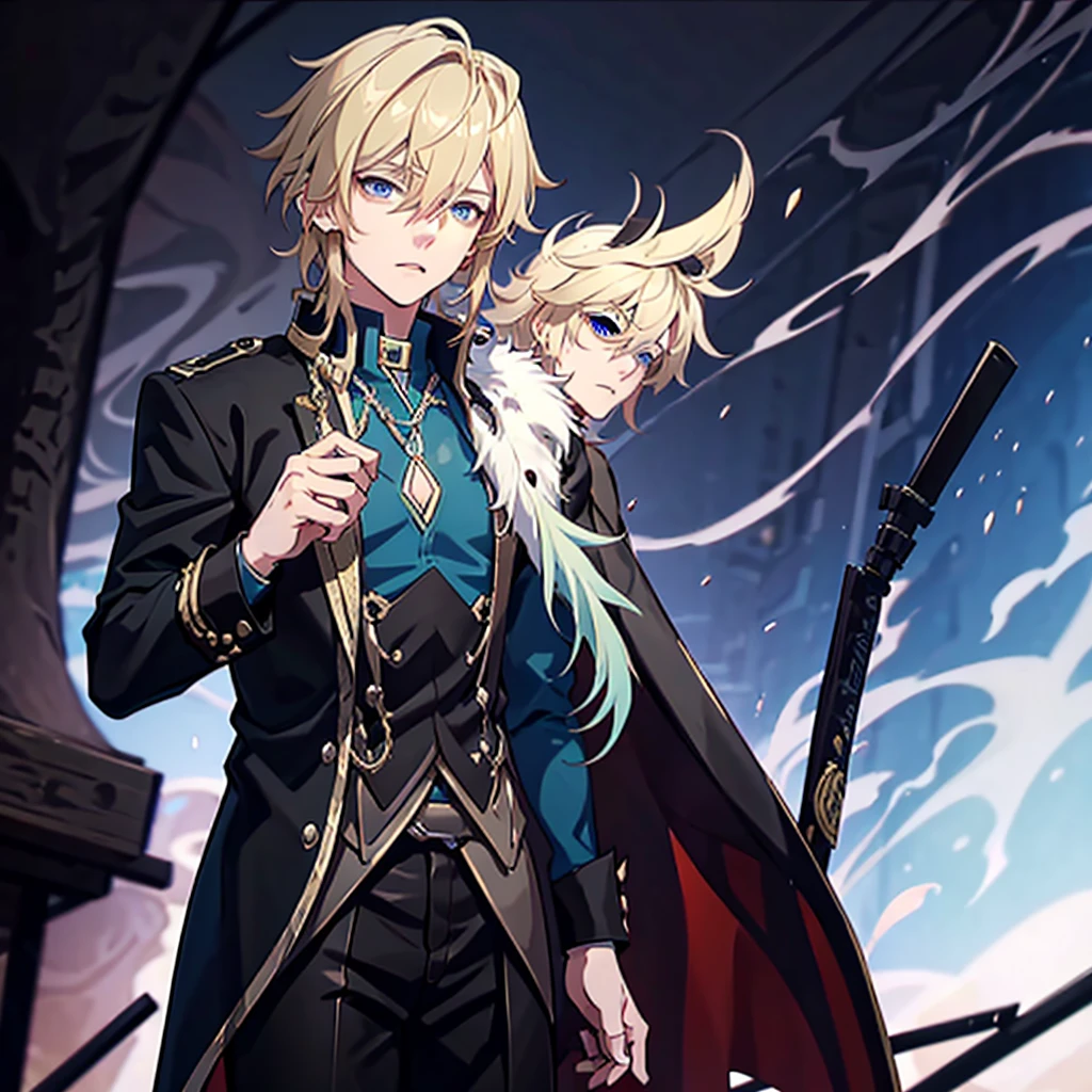 Anime attractive man, 20 year old, blonde hair, very very short ponytail, tall, muscular, solo, one person, light blue gold-accented, high-collared dress shirt, black choker, dark blazer with gold lining and buttons unbuttoned, long dark overcoat with a fur trim, rolled up sleeves, rolled up sleeves, rolled up sleeves, rolled up sleeves.