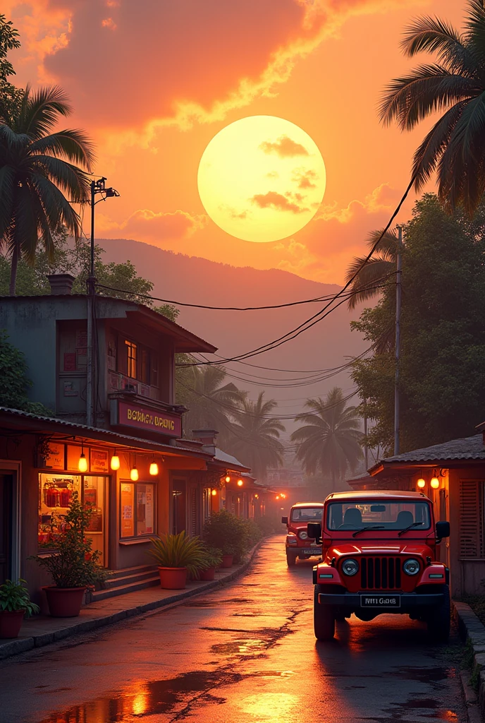 Graphic design studio in front,Indian street,evening orange sky,greenish hill background,Jeep parking outside,wetroad