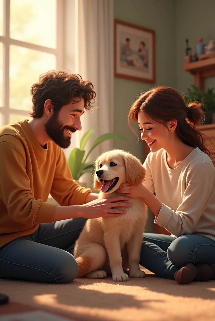You can create an image of a dog that has just been adopted and is in its new home while its owner introduces it to her two friends. ( One of the friends is caressing him while the other is watching him ( In the image they should be from the owner ,and two friends