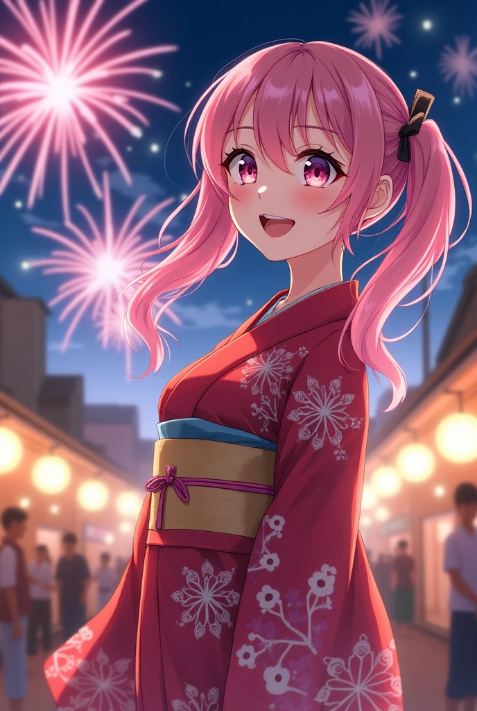 (fireworks), 1girl,(matsuri) (kimono), pigtails, pink hair, (absurdres, highres, masterpiece), (night), vibrant colors, fluid colors, fine detailed beautiful face, ultra detailed, cowboy shot